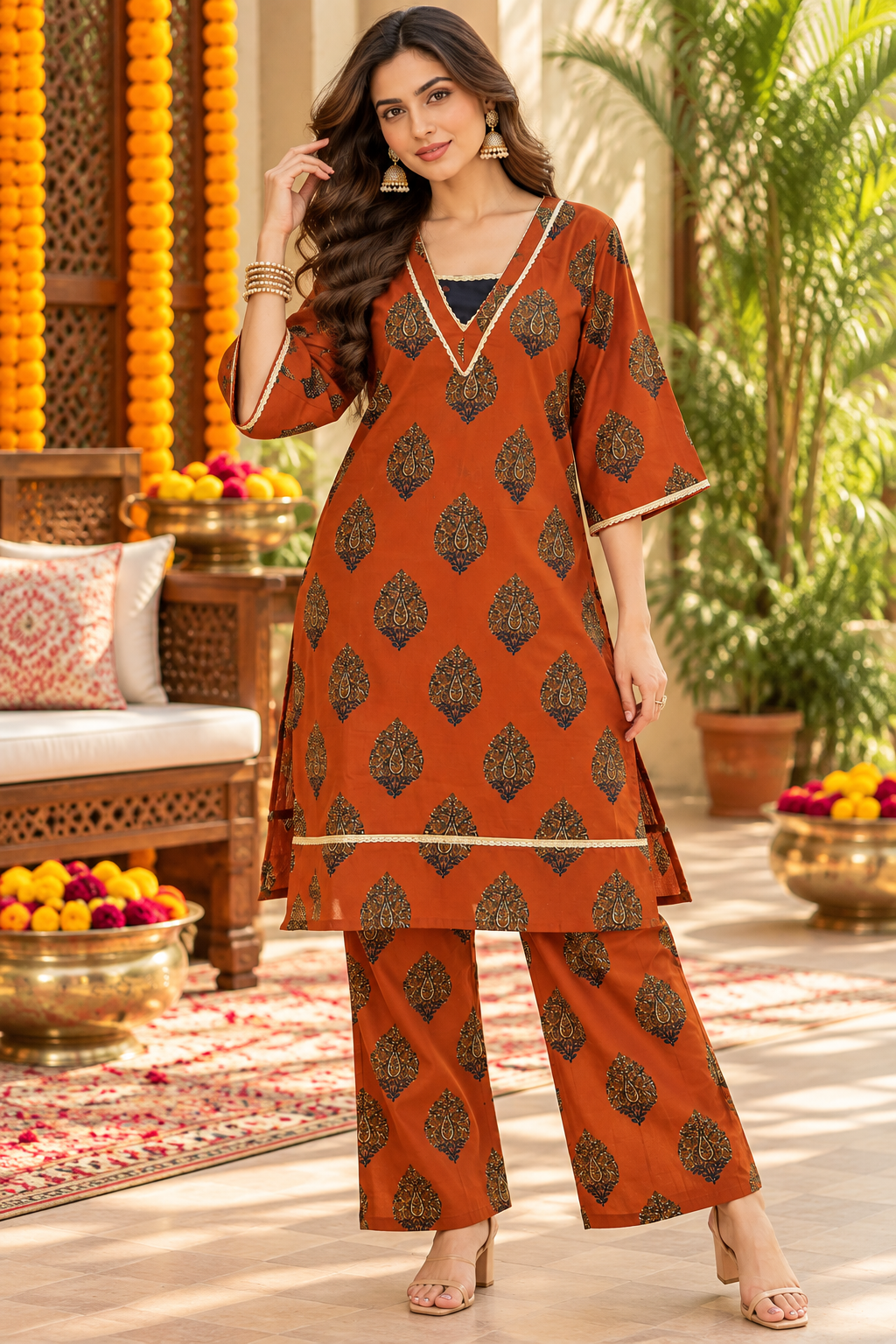 Women’s Rust Orange Printed Kurta Palazzo Set