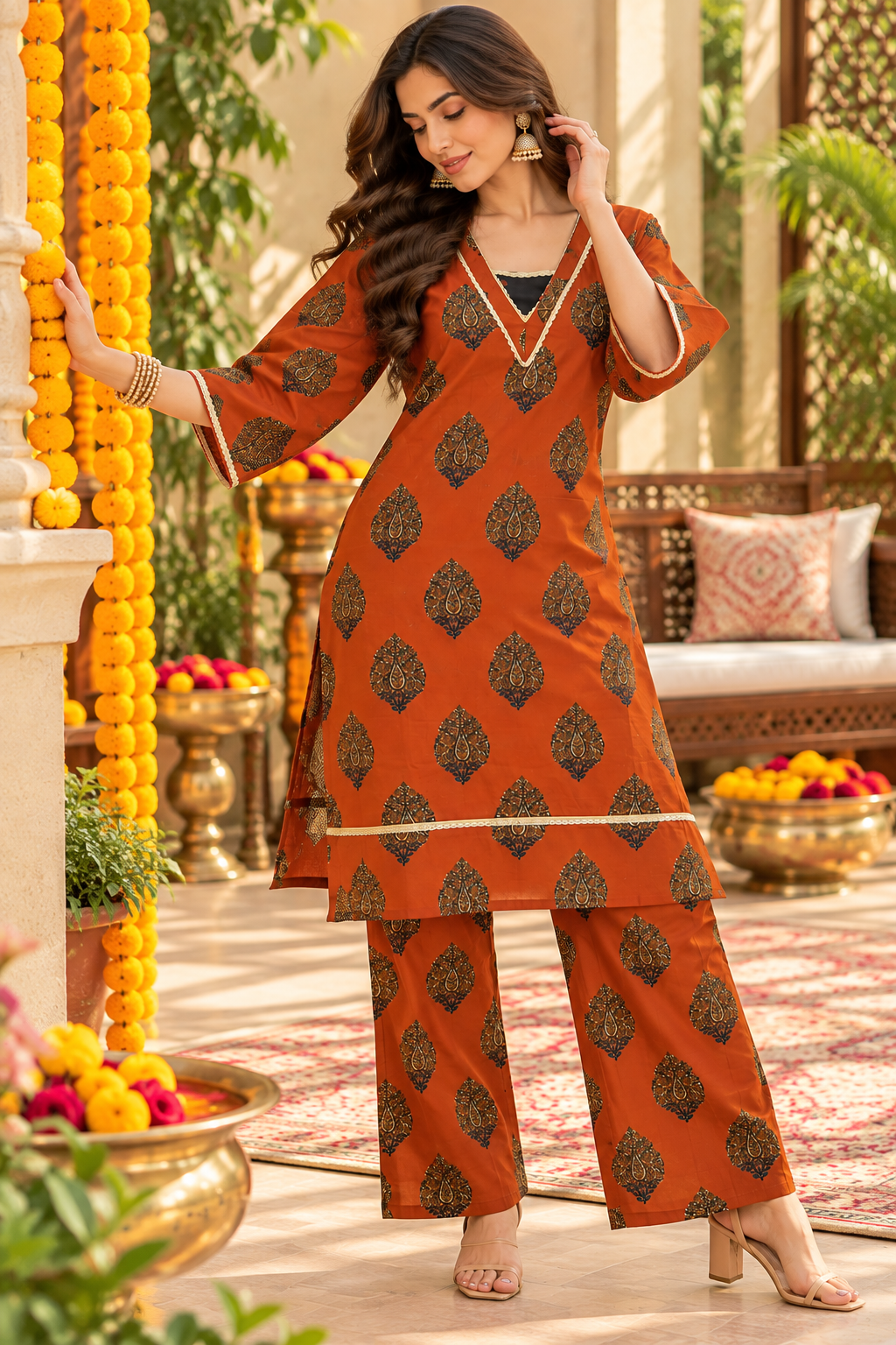 Women’s Rust Orange Printed Kurta Palazzo Set