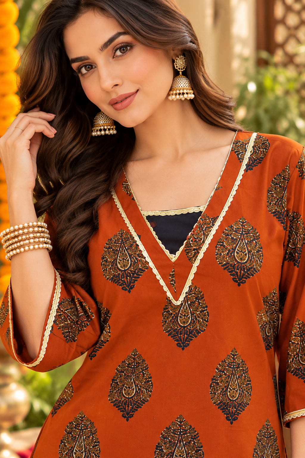Women’s Rust Orange Printed Kurta Palazzo Set