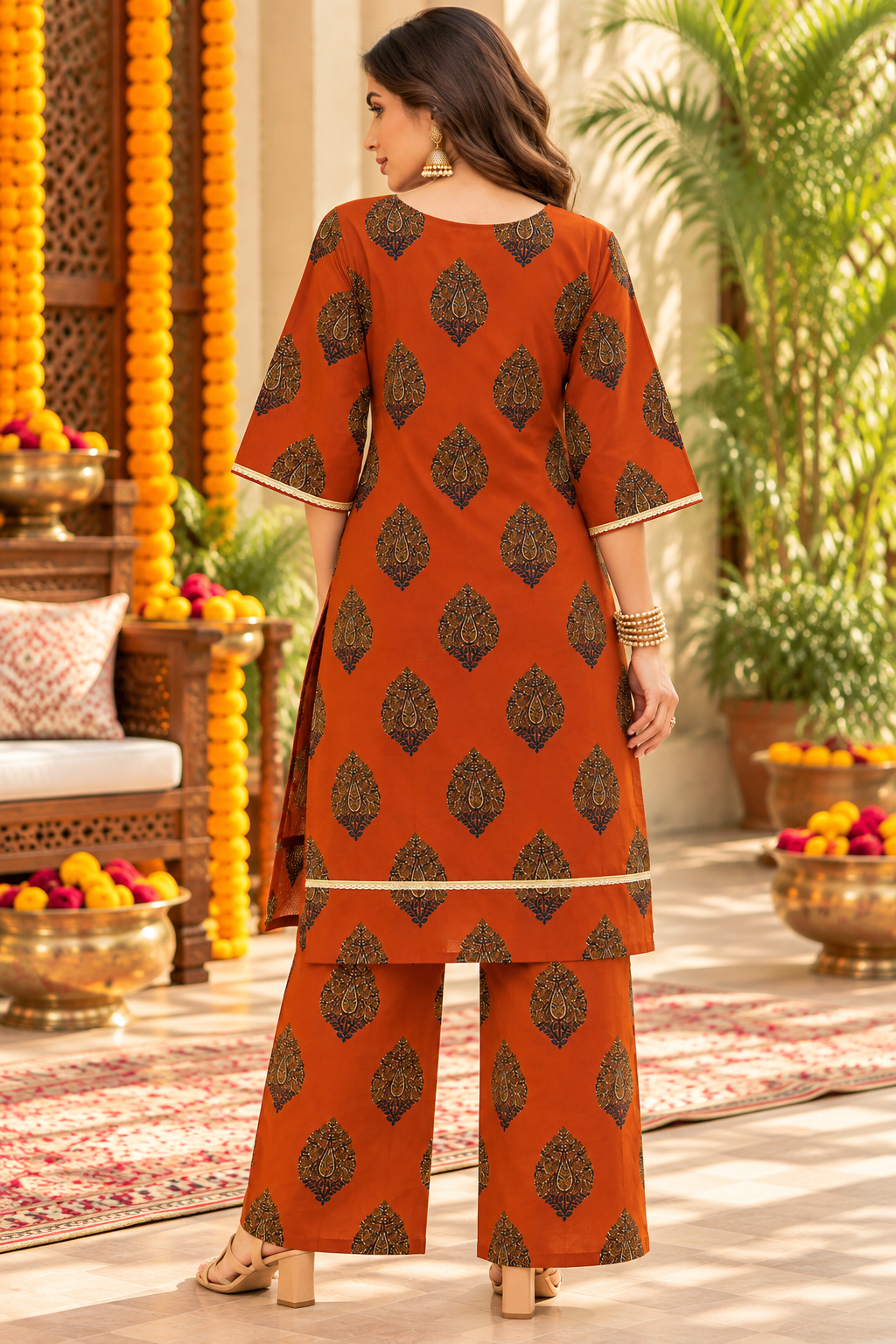 Women’s Rust Orange Printed Kurta Palazzo Set