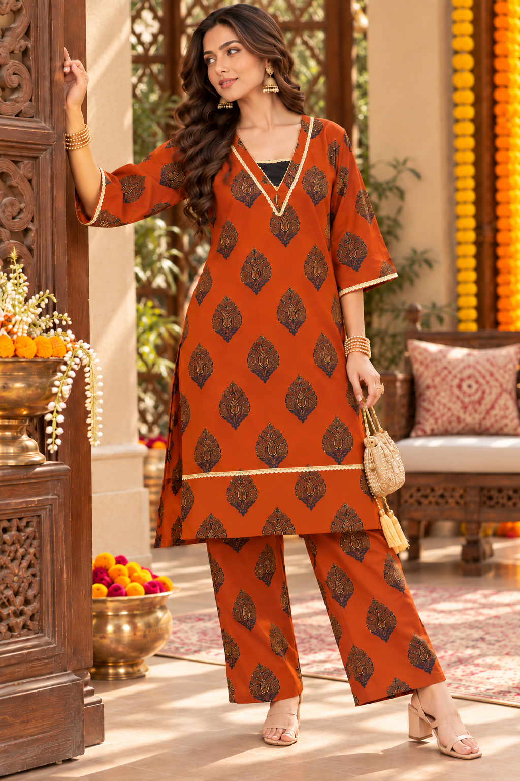 Women’s Rust Orange Printed Kurta Palazzo Set