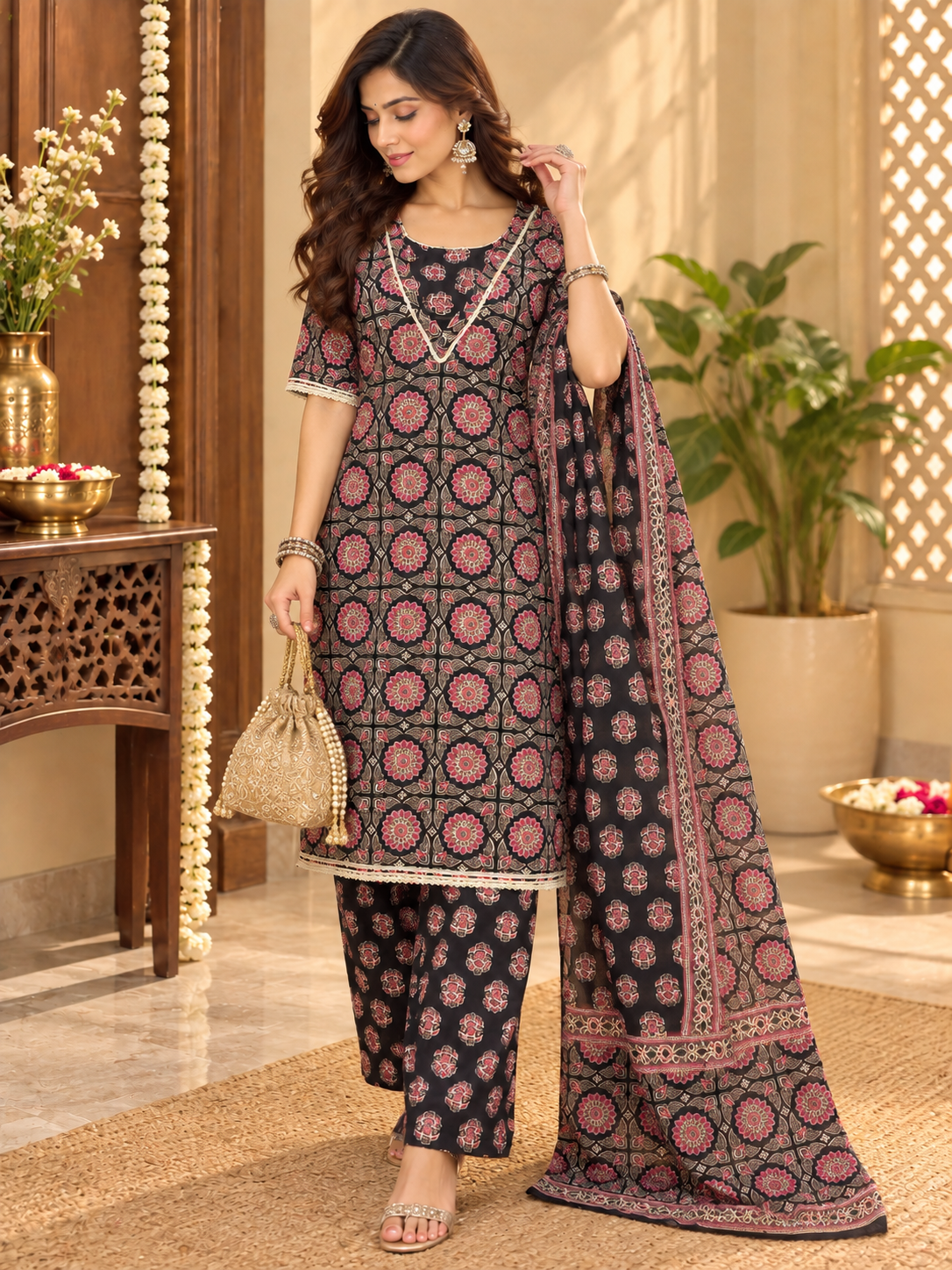 Women’s Black Floral Printed 3 Piece Kurta Set
