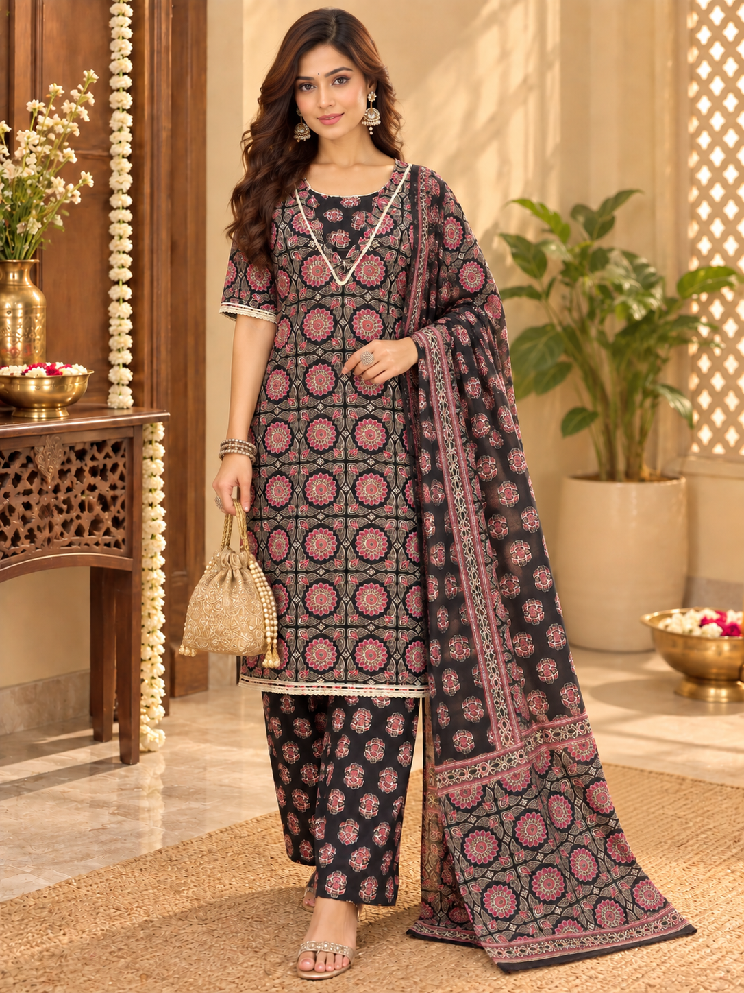 Women’s Black Floral Printed 3 Piece Kurta Set