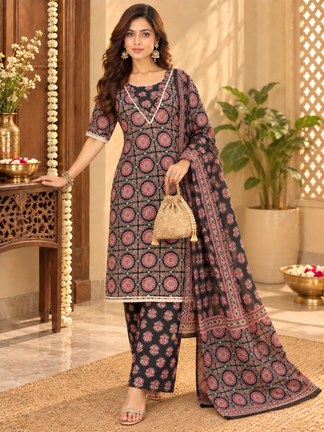 Women’s Black Floral Printed 3 Piece Kurta Set