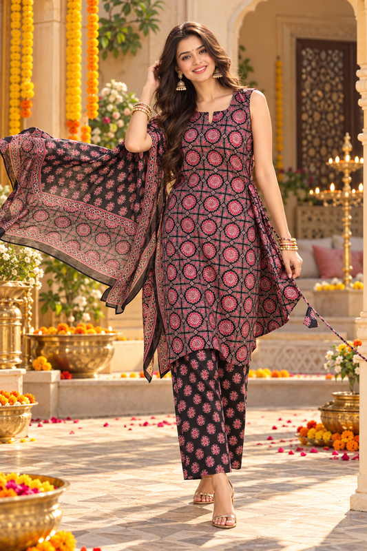 Women’s Black Floral Printed Kurta Pant Set with Dupatta