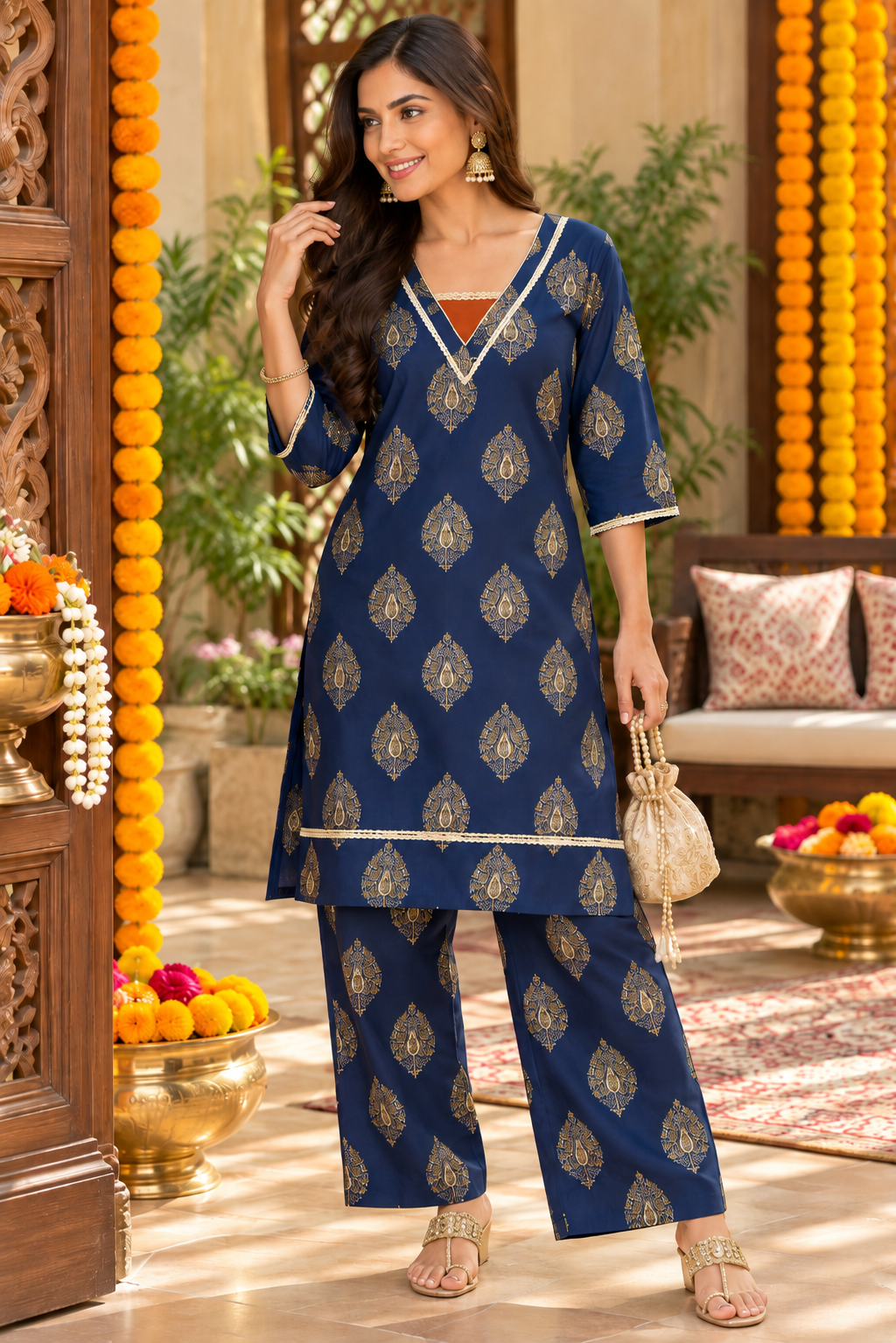 Women’s Rust Orange Printed Kurta Palazzo Set