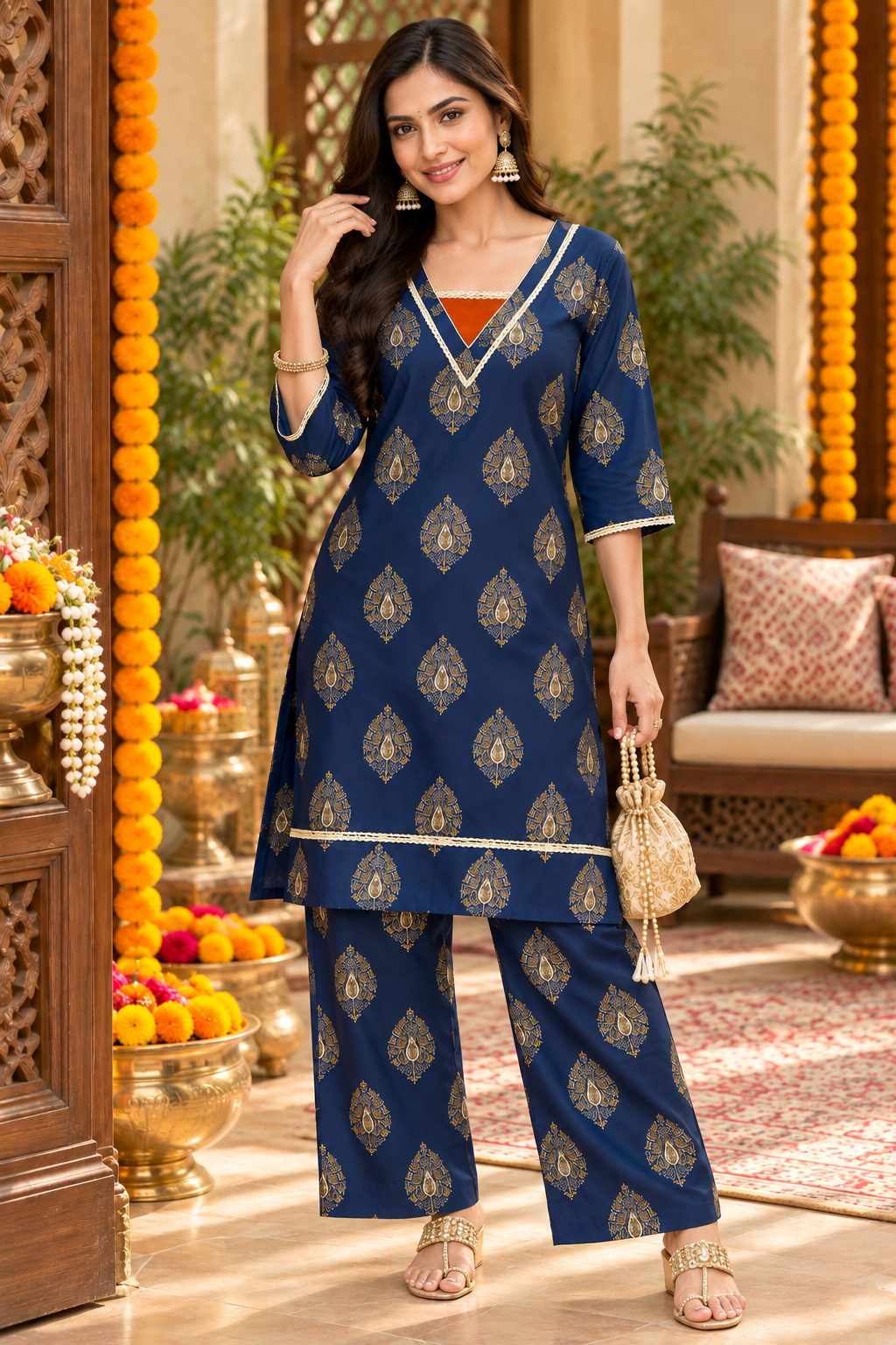 Women’s Rust Orange Printed Kurta Palazzo Set