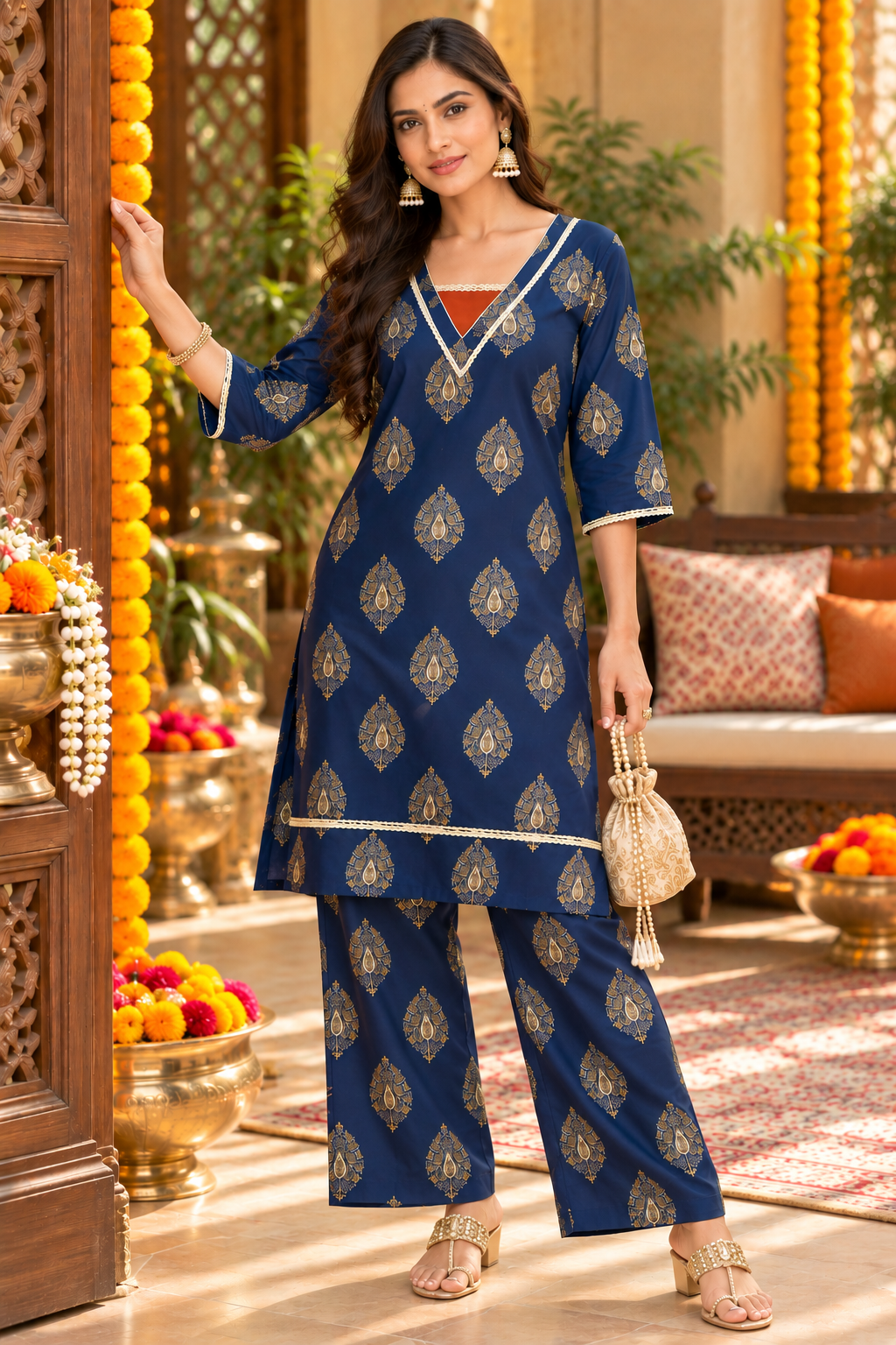 Women’s Rust Orange Printed Kurta Palazzo Set