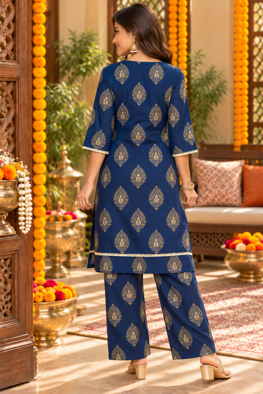 Women’s Rust Orange Printed Kurta Palazzo Set