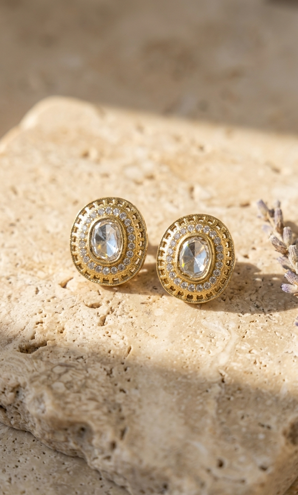 Gold Mehandi Plated Moissanite Polki Stud Earrings for Women
