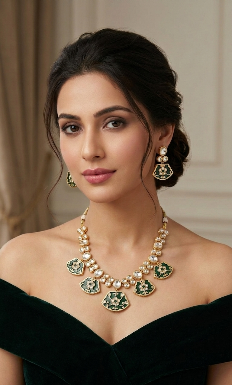 Green Kundan Polki Monalisa Choker Necklace Set with Earrings