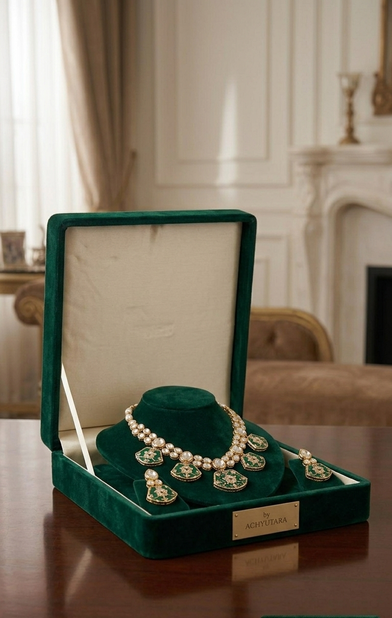 Green Kundan Polki Monalisa Choker Necklace Set with Earrings