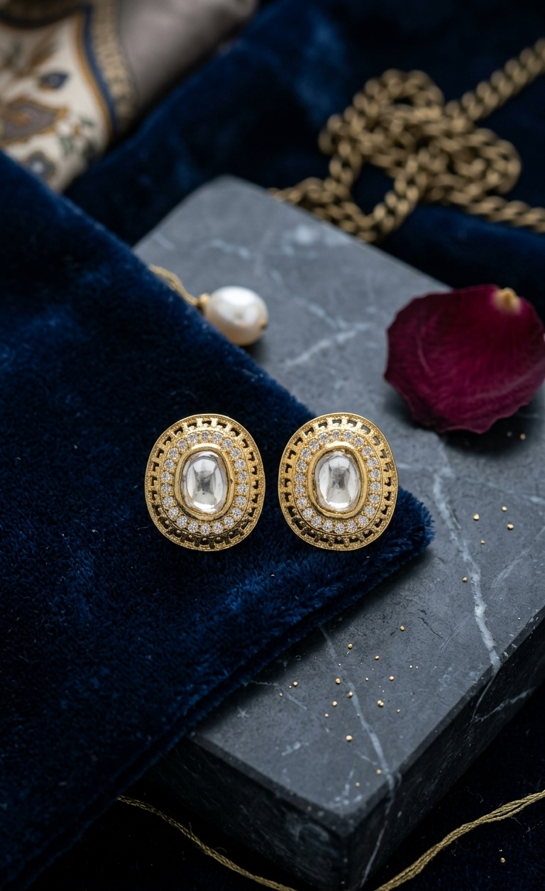 Gold Mehandi Plated Moissanite Polki Stud Earrings for Women