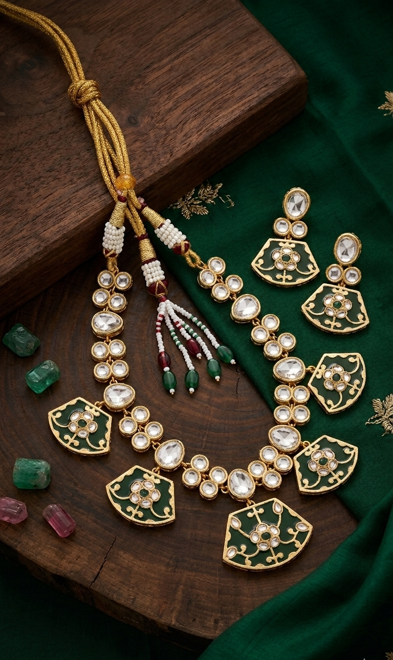 Green Kundan Polki Monalisa Choker Necklace Set with Earrings