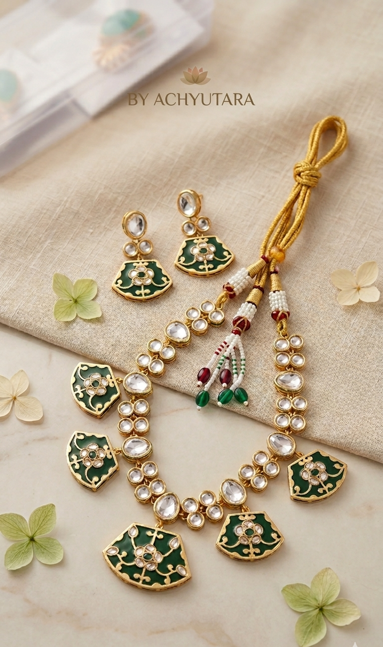 Green Kundan Polki Monalisa Choker Necklace Set with Earrings