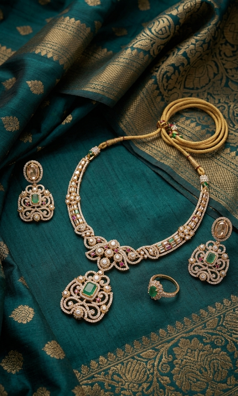 Mehandi Plated Polki Kundan Necklace Set with Glass Stones