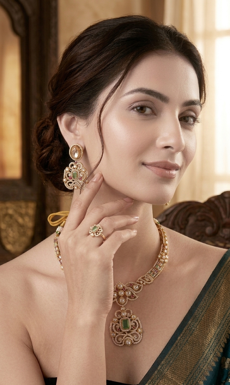 Mehandi Plated Polki Kundan Necklace Set with Glass Stones