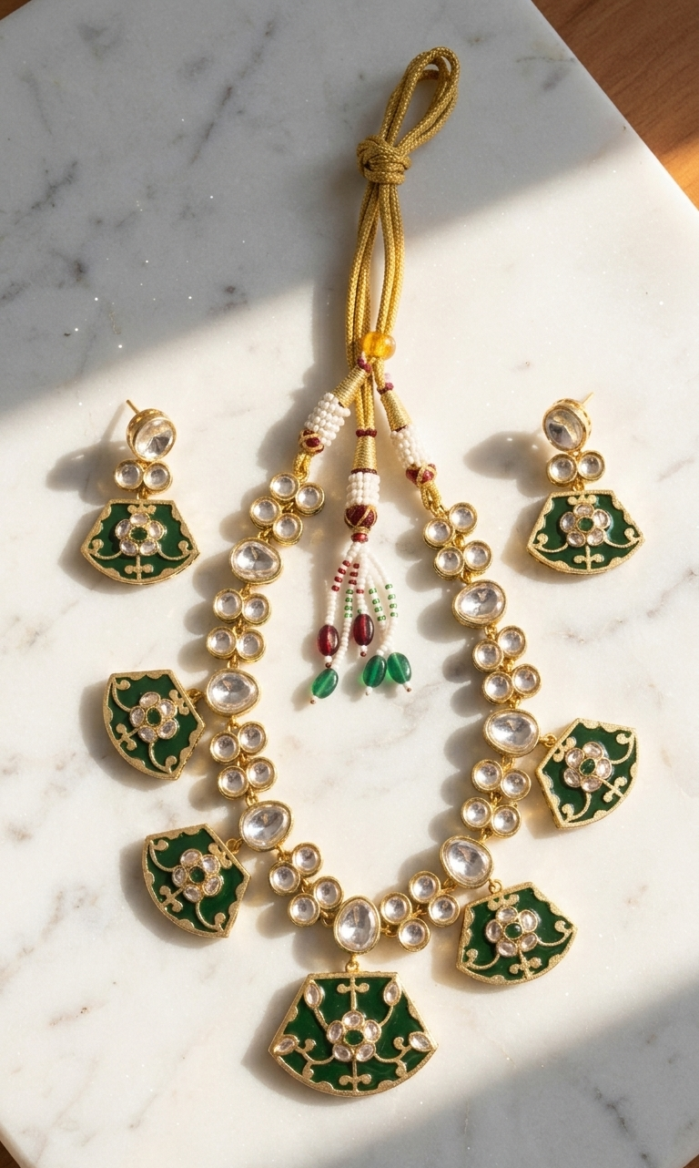 Green Kundan Polki Monalisa Choker Necklace Set with Earrings