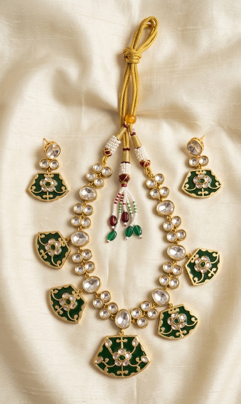 Green Kundan Polki Monalisa Choker Necklace Set with Earrings