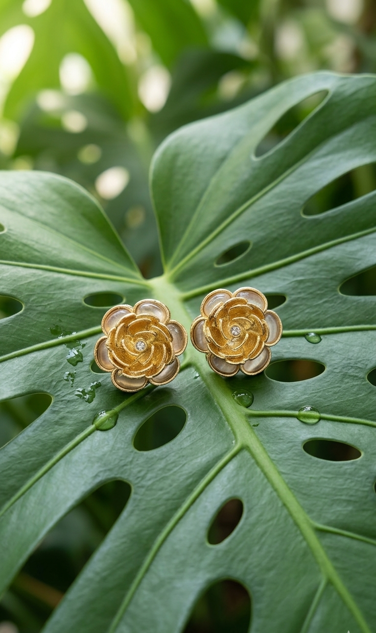 Elegant Floral Gold Plated Monalisa Stone Stud Earrings