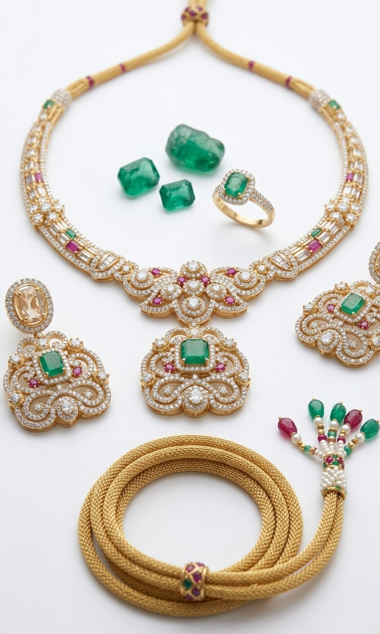 Mehandi Plated Polki Kundan Necklace Set with Glass Stones