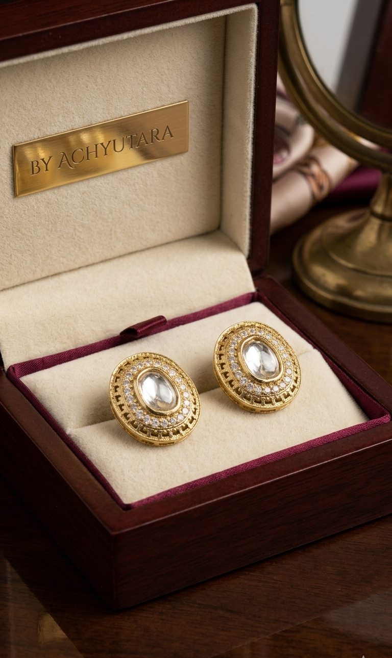 Gold Mehandi Plated Moissanite Polki Stud Earrings for Women