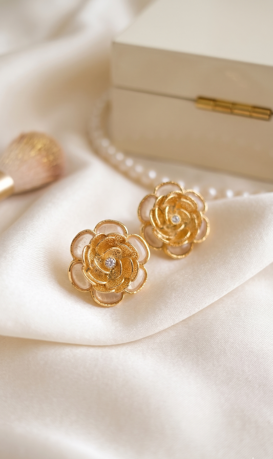 Elegant Floral Gold Plated Monalisa Stone Stud Earrings