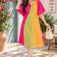Woman wearing pink and yellow printed A-line dress for women