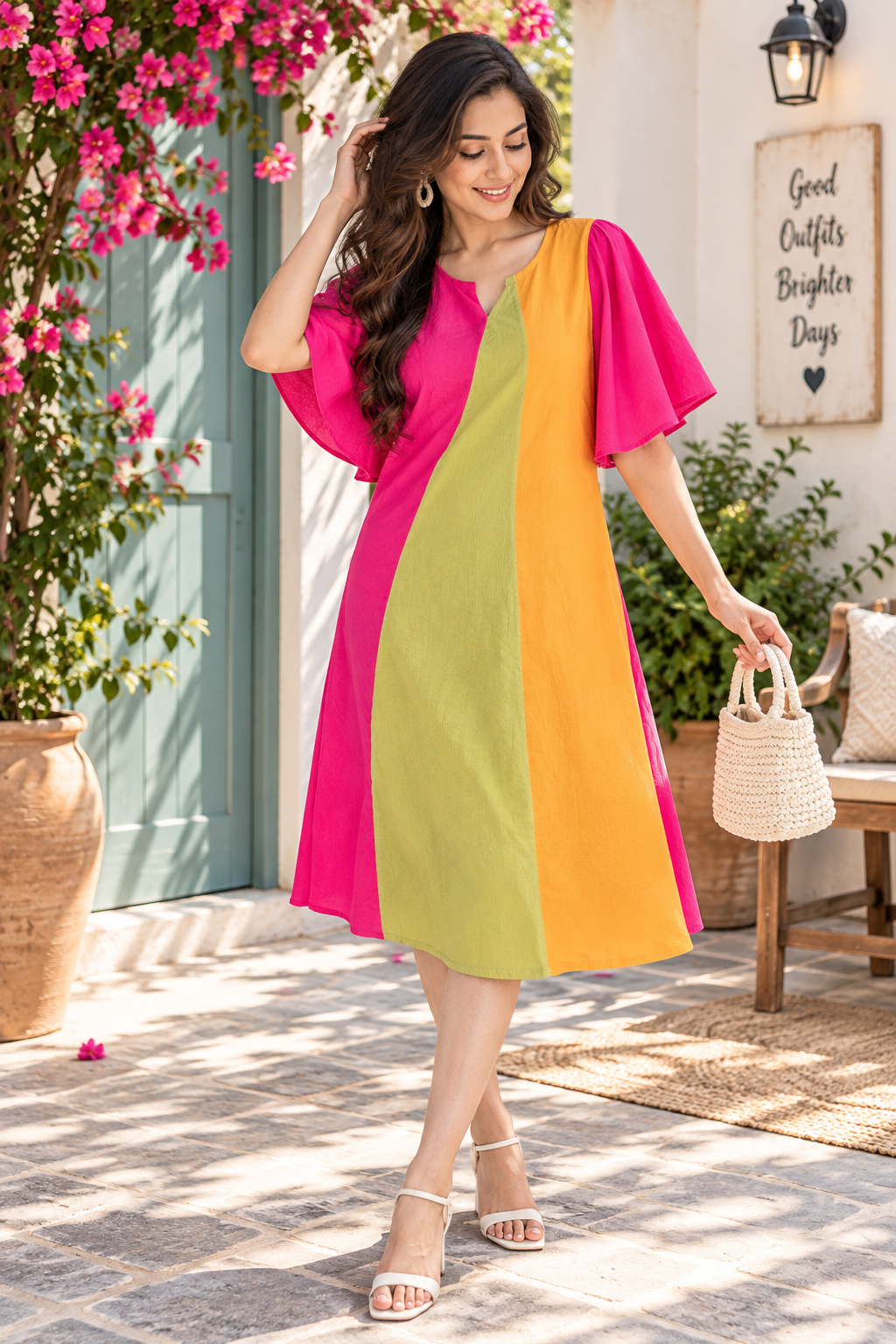 Woman wearing pink and yellow printed A-line dress for women