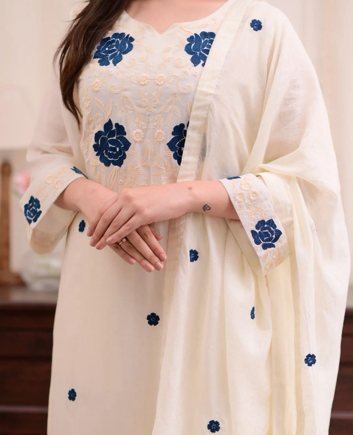 Ivory Chanderi Silk Kurti Pant Dupatta Set
