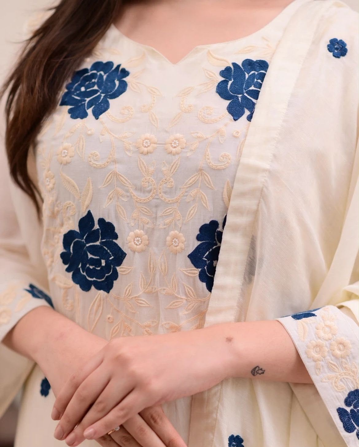Ivory Chanderi Silk Kurti Pant Dupatta Set