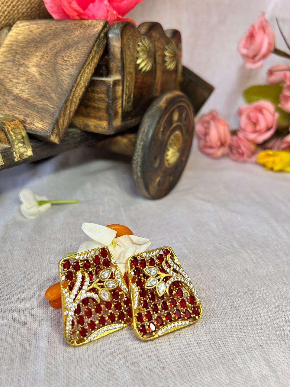 Elegant Gold Plated Red Stone Stud Earrings for Women - Achyutara