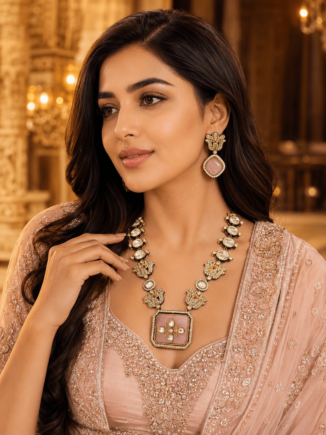 Elegant Kundan Pink Stone Necklace Set with Earrings - Achyutara