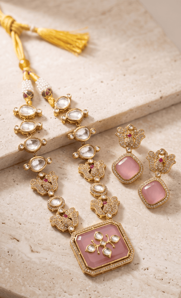 Elegant Kundan Pink Stone Necklace Set with Earrings - Achyutara