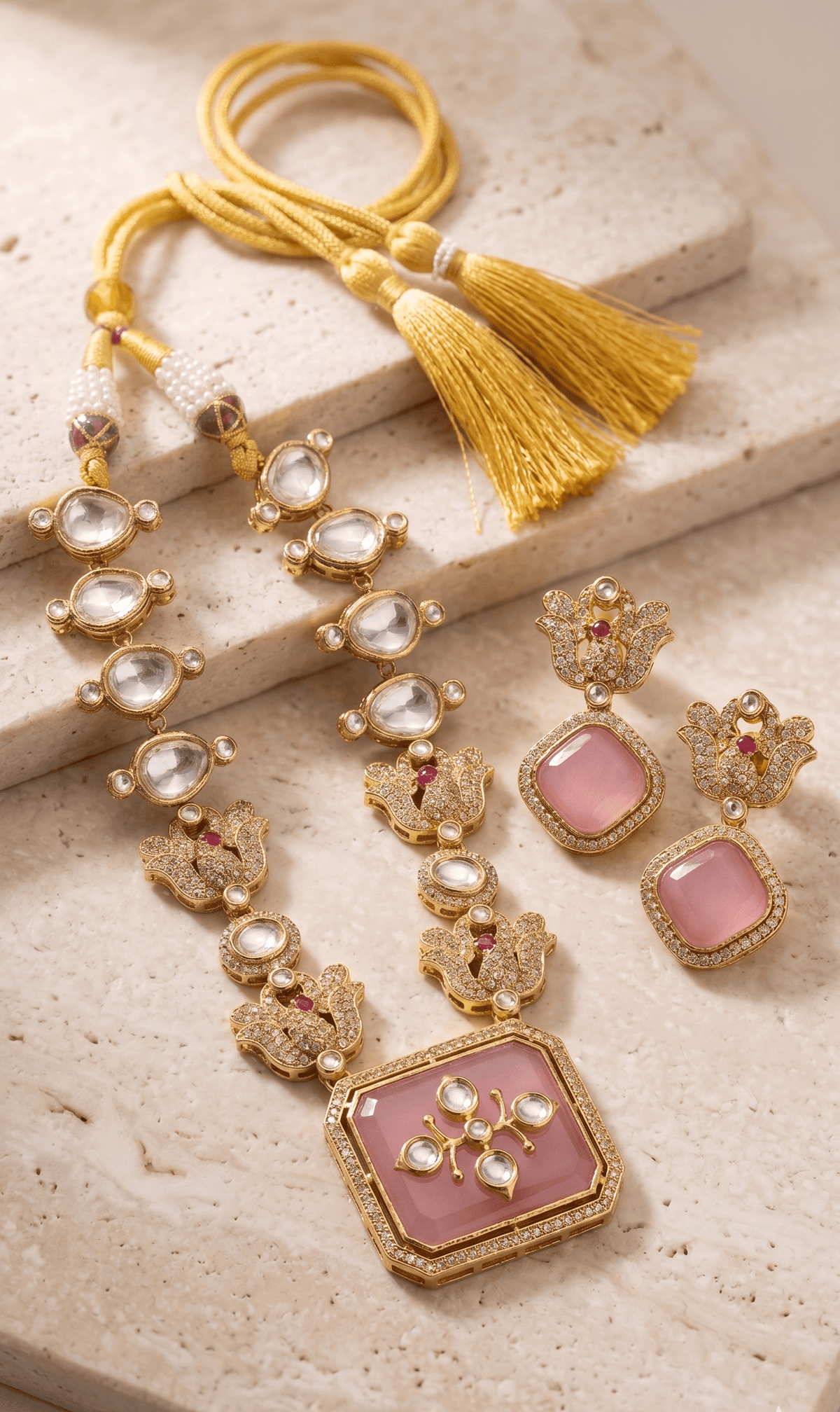 Elegant Kundan Pink Stone Necklace Set with Earrings - Achyutara