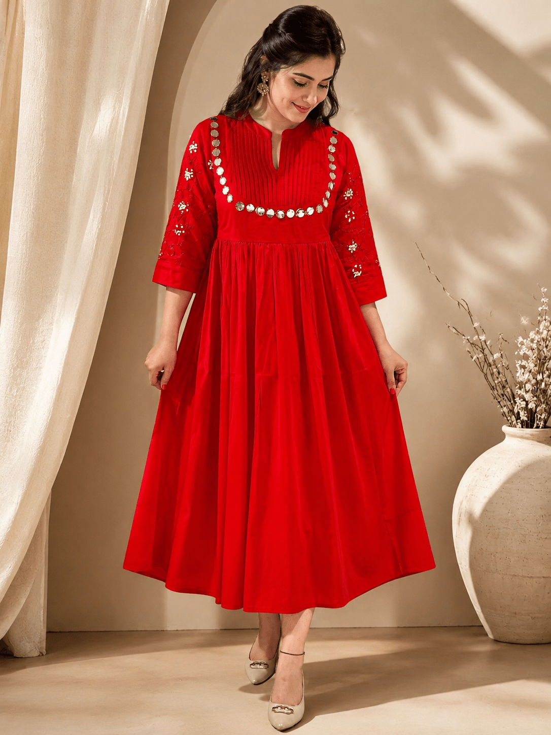 Elegant Orange Mirror Work Flared Ethnic Dress - Achyutara