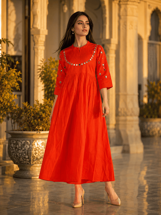 Elegant Orange Mirror Work Flared Ethnic Dress - Achyutara