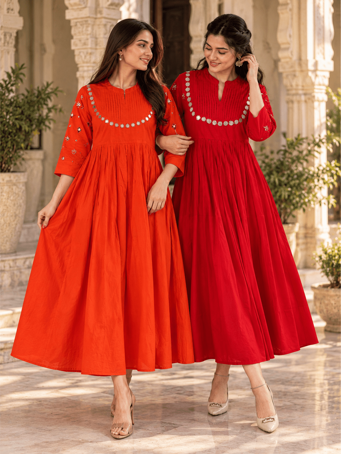 Elegant Orange Mirror Work Flared Ethnic Dress - Achyutara