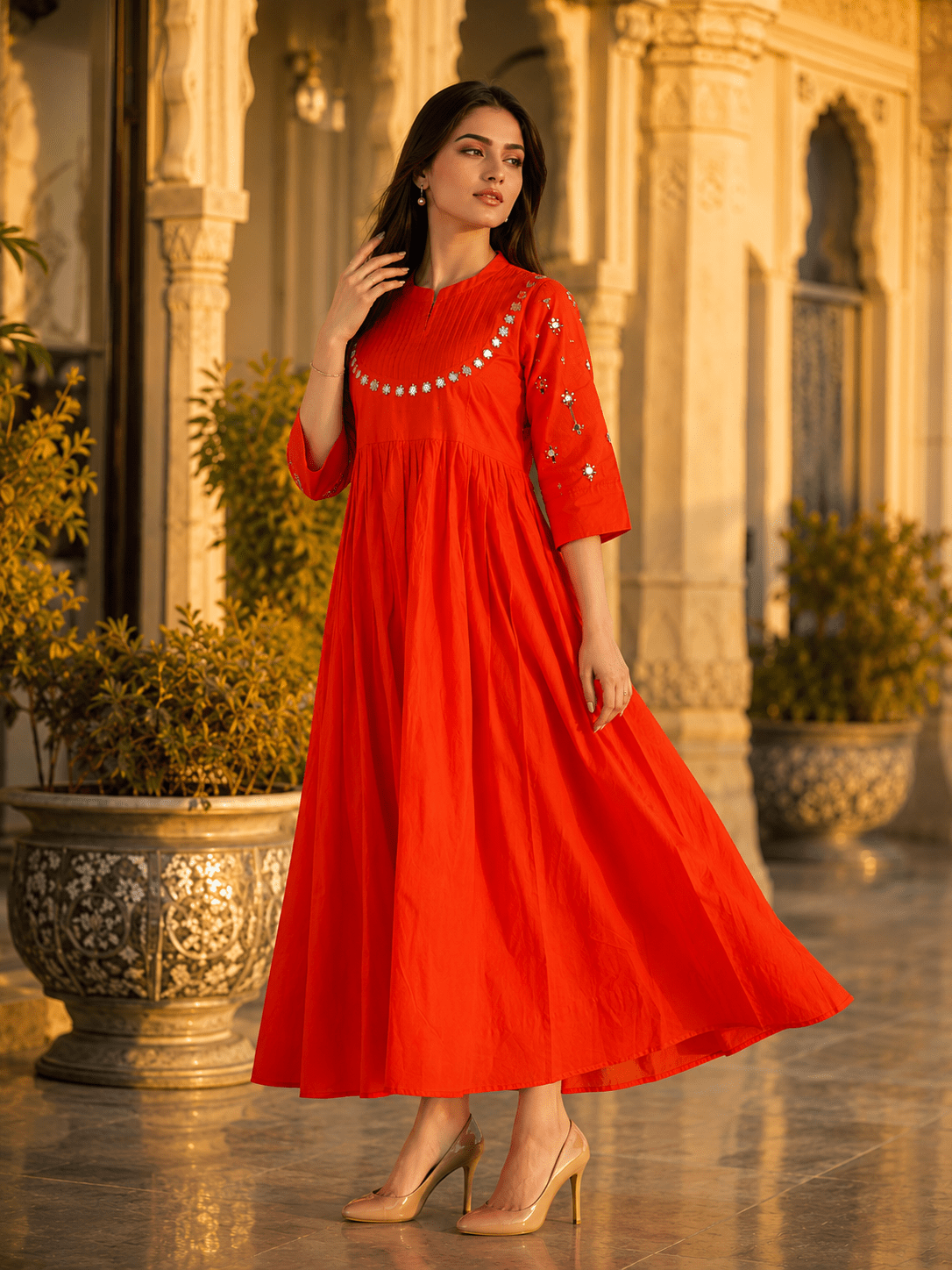 Elegant Orange Mirror Work Flared Ethnic Dress - Achyutara