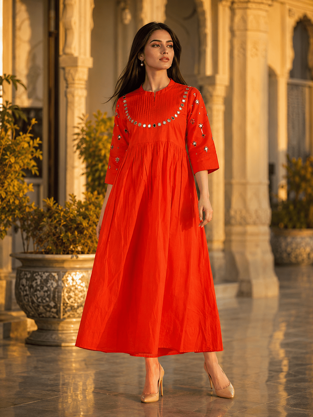 Elegant Red Mirror Work Flared Ethnic Dress - Achyutara