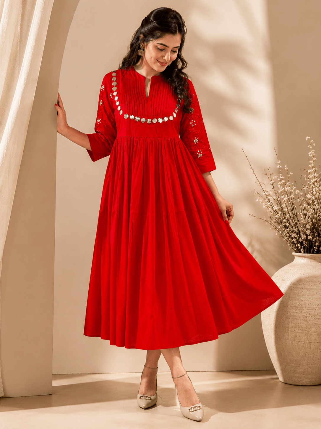 Elegant Red Mirror Work Flared Ethnic Dress - Achyutara