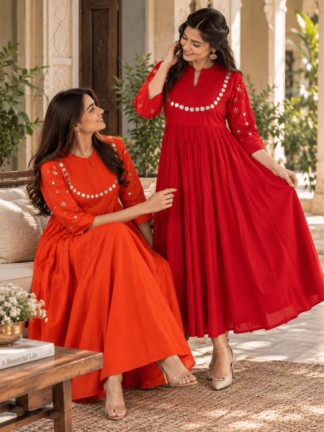 Elegant Red Mirror Work Flared Ethnic Dress - Achyutara