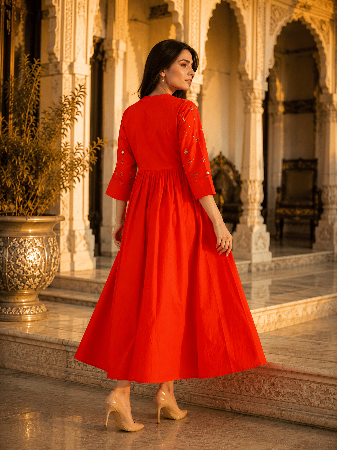 Elegant Red Mirror Work Flared Ethnic Dress - Achyutara