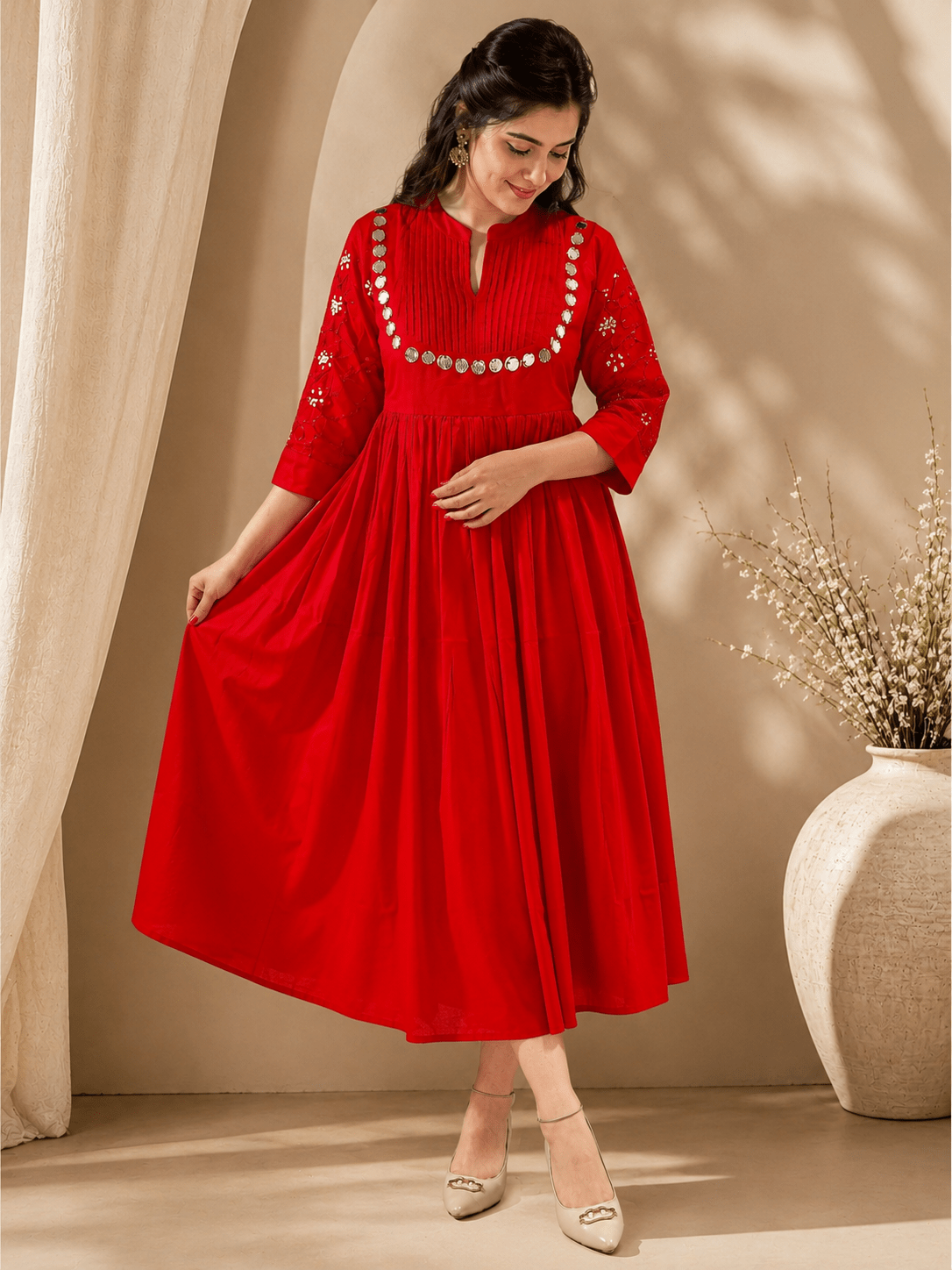 Elegant Red Mirror Work Flared Ethnic Dress - Achyutara