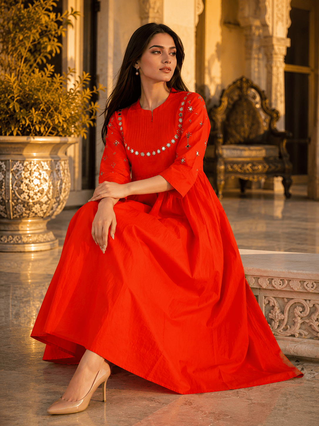 Elegant Red Mirror Work Flared Ethnic Dress - Achyutara