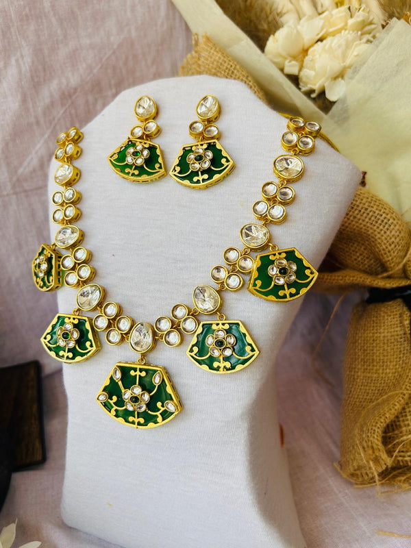 Green Kundan Polki Monalisa Choker Necklace Set with Earrings - Achyutara
