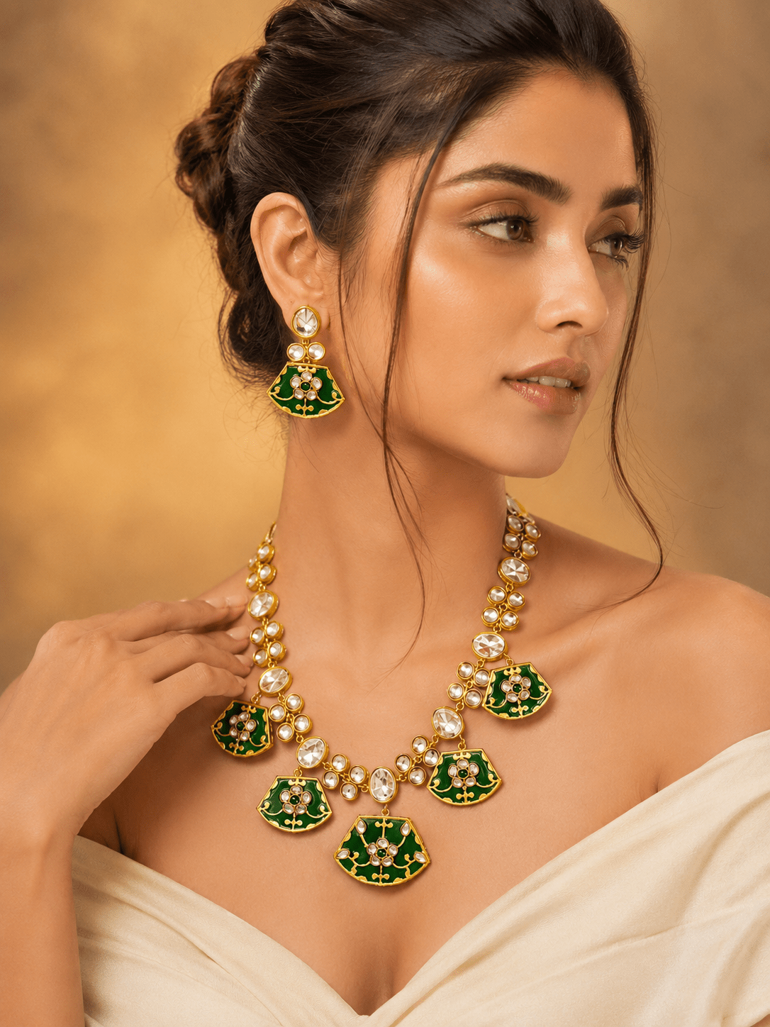 Green Kundan Polki Monalisa Choker Necklace Set with Earrings - Achyutara