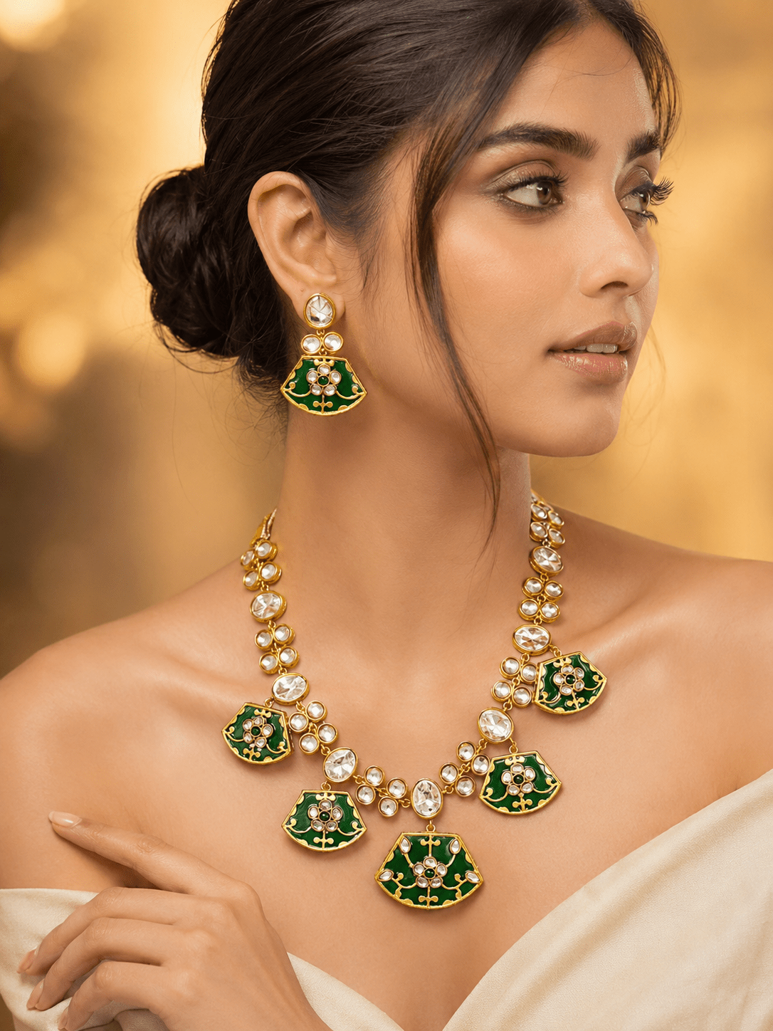 Green Kundan Polki Monalisa Choker Necklace Set with Earrings - Achyutara