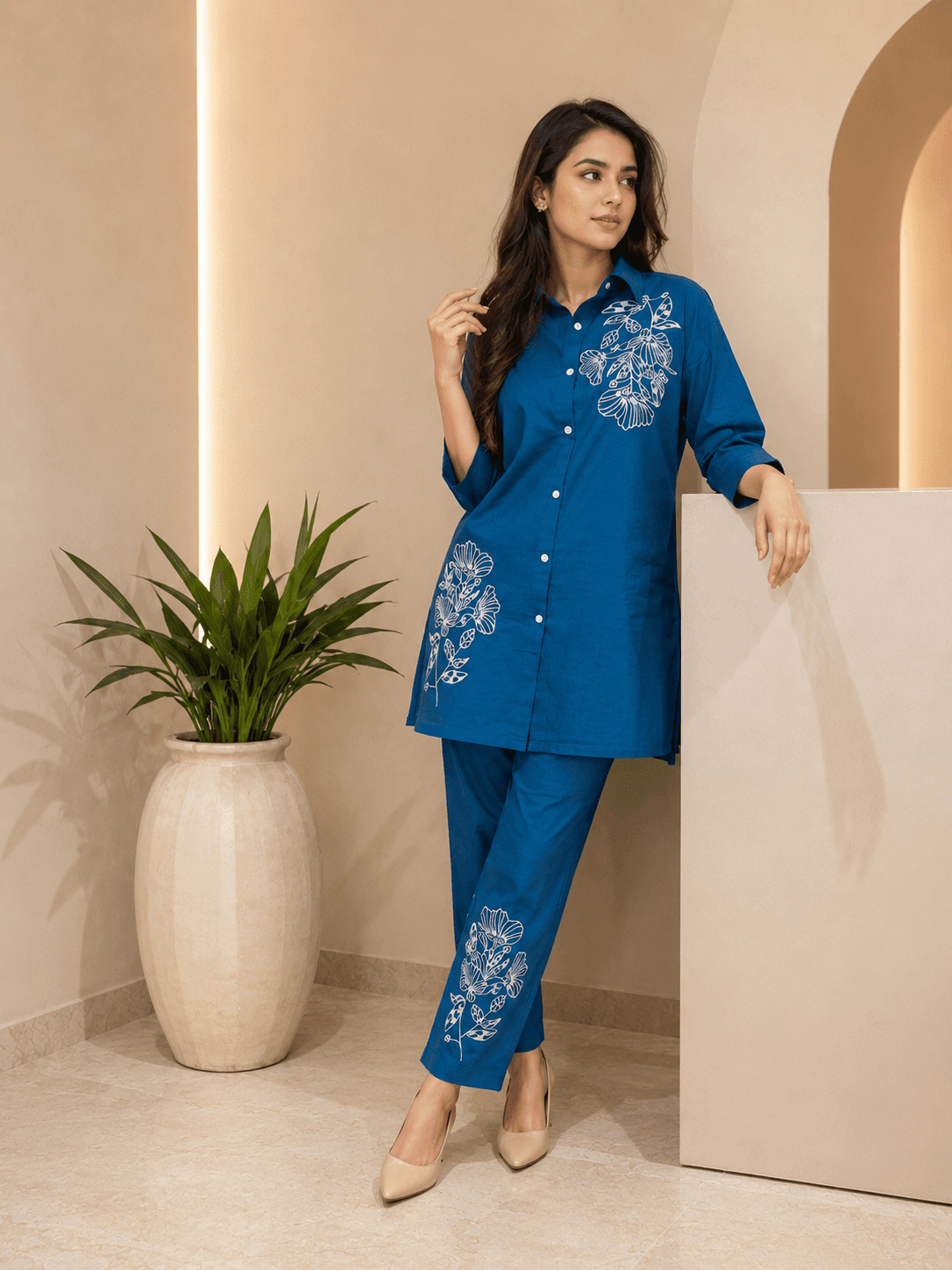 Hot Pink Floral Embroidered Co-Ord Set for Women