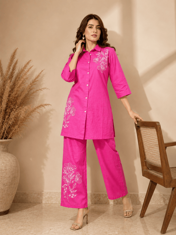 Hot Pink Floral Embroidered Co-Ord Set for Women - Achyutara